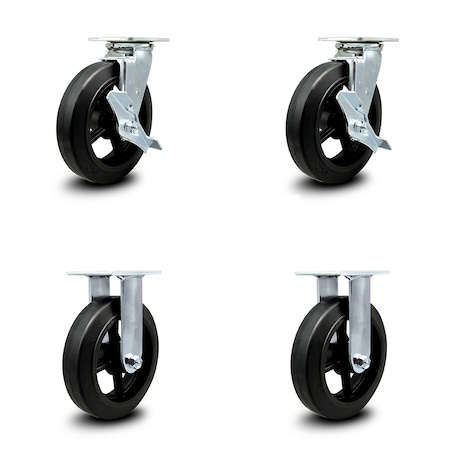 8 Inch Rubber On Steel Caster Set With Roller Bearings 2 Brakes 2 Rigid SCC